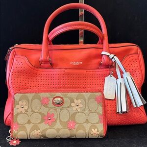 Coach Gorgeous  Coral Perforated Satchel with Floral Zip Wallet